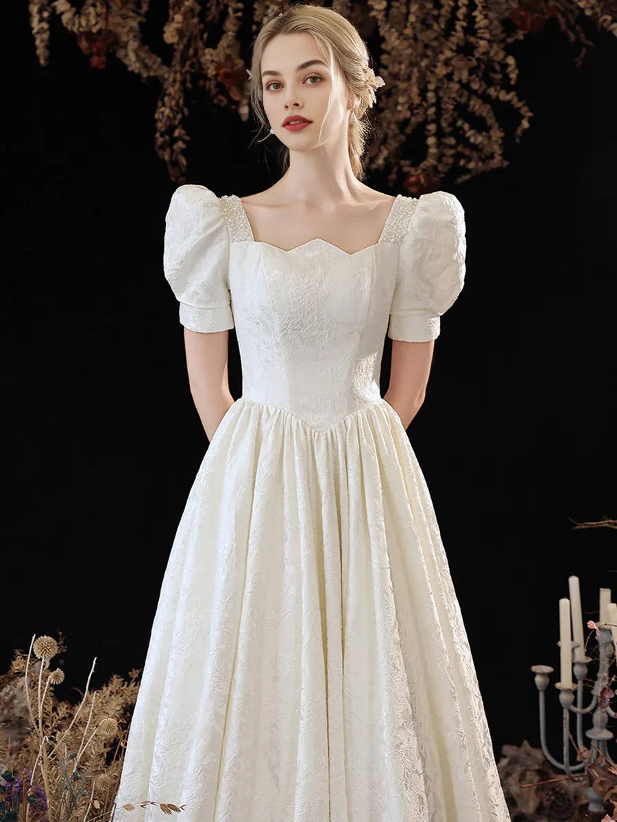 Elegant A-Line Short Sleeve Beaded Jacquard Satin White Long Prom Dress