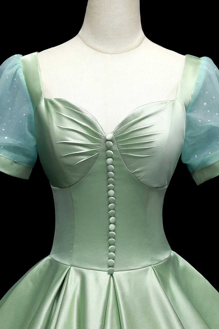 Elegant A-Line Short Sleeve Buttons Satin Green Long Prom Dress Evening Gown