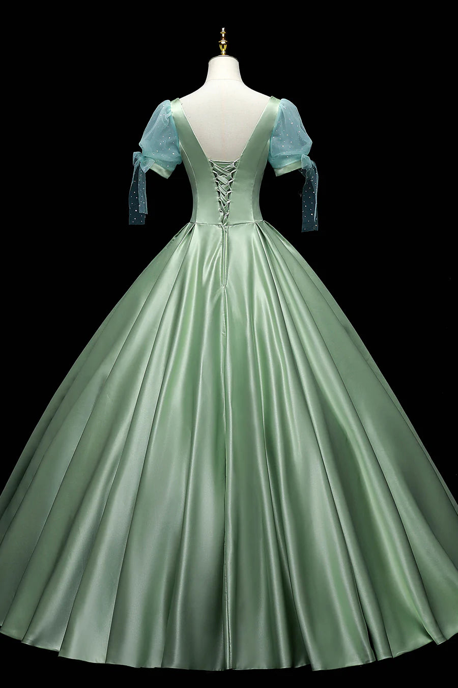 Elegant A-Line Short Sleeve Buttons Satin Green Long Prom Dress Evening Gown