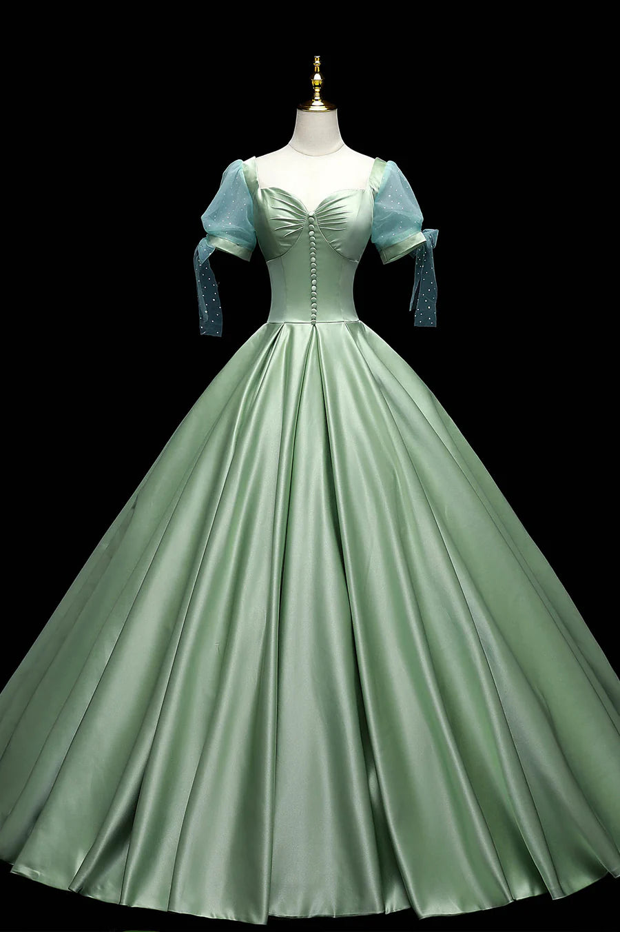 Elegant A-Line Short Sleeve Buttons Satin Green Long Prom Dress Evening Gown