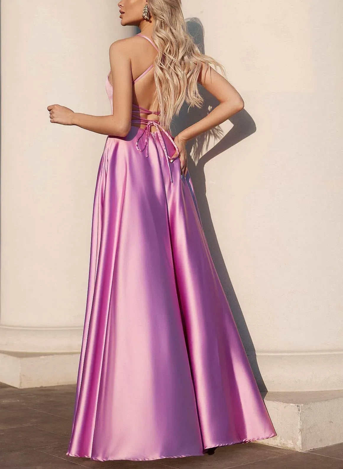 Elegant A-Line Spaghetti-Strap Satin Pink Floor-Length Prom Dress With High Slit