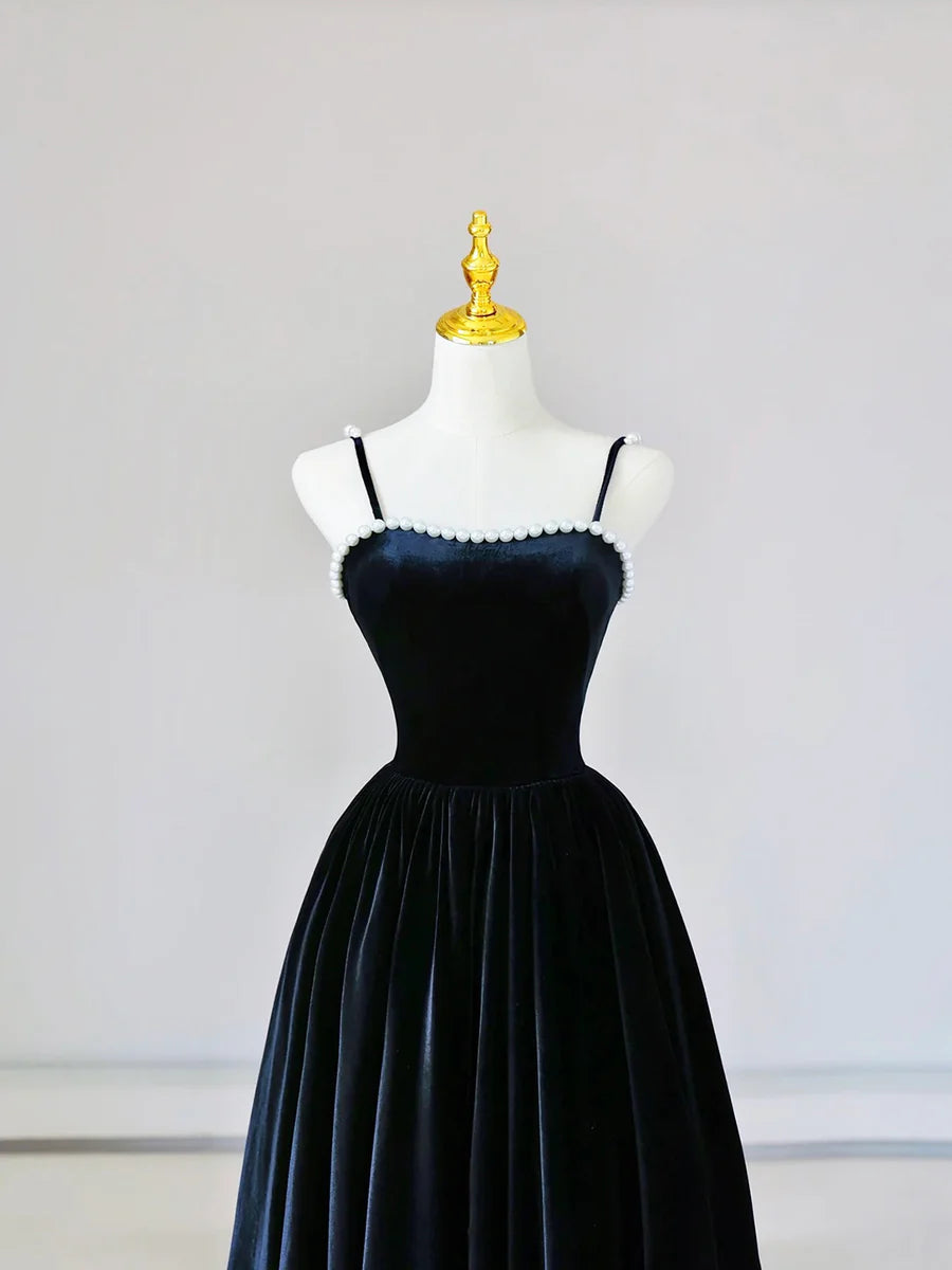 Elegant A-Line Spaghetti Strap Sleeveless Pearls Velvet Black Floor Length Prom Dress