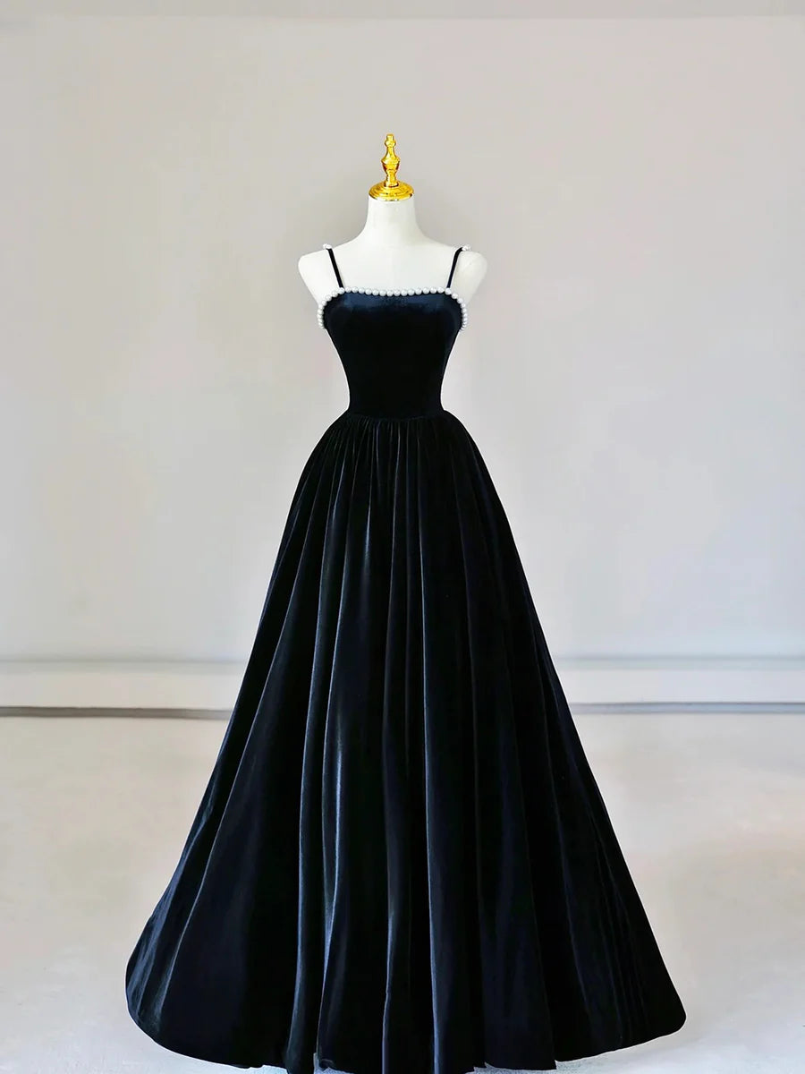 Elegant A-Line Spaghetti Strap Sleeveless Pearls Velvet Black Floor Length Prom Dress