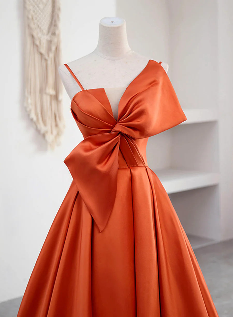Elegant A-Line Spaghetti Straps Pleated Satin Orange Floor Length Prom Dress