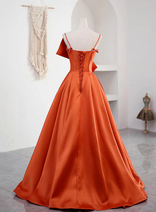 Elegant A-Line Spaghetti Straps Pleated Satin Orange Floor Length Prom Dress
