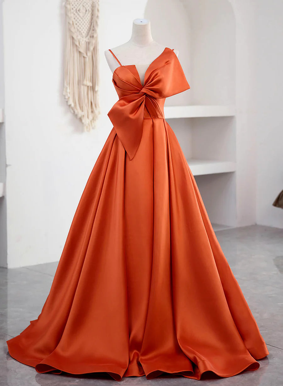 Elegant A-Line Spaghetti Straps Pleated Satin Orange Floor Length Prom Dress