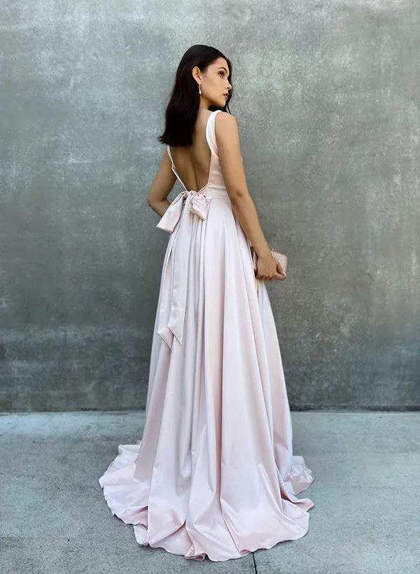 Elegant A-Line Square Neck Bow Back Blush Pink Floor-Length Prom Dress With Slit