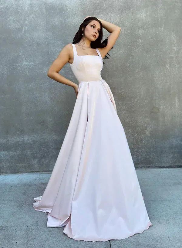 Elegant A-Line Square Neck Bow Back Blush Pink Floor-Length Prom Dress With Slit