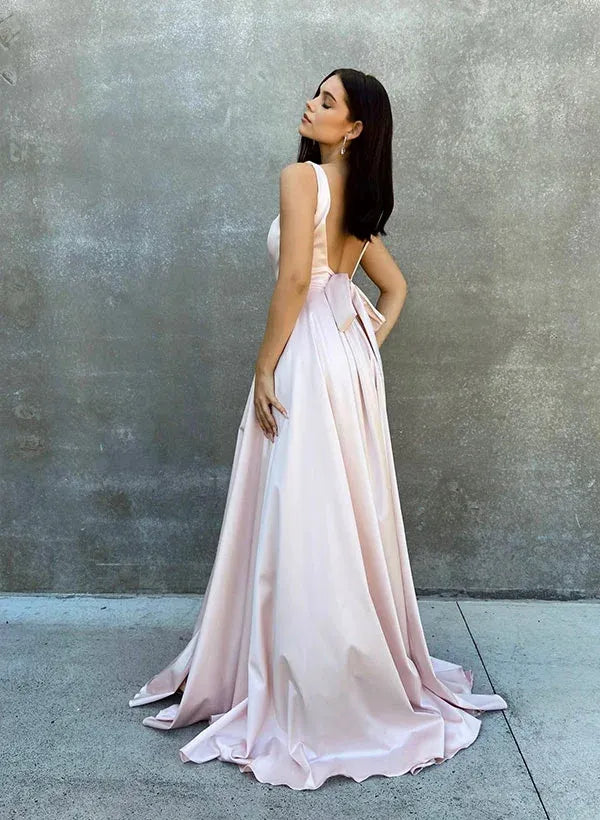 Elegant A-Line Square Neck Bow Back Blush Pink Floor-Length Prom Dress With Slit