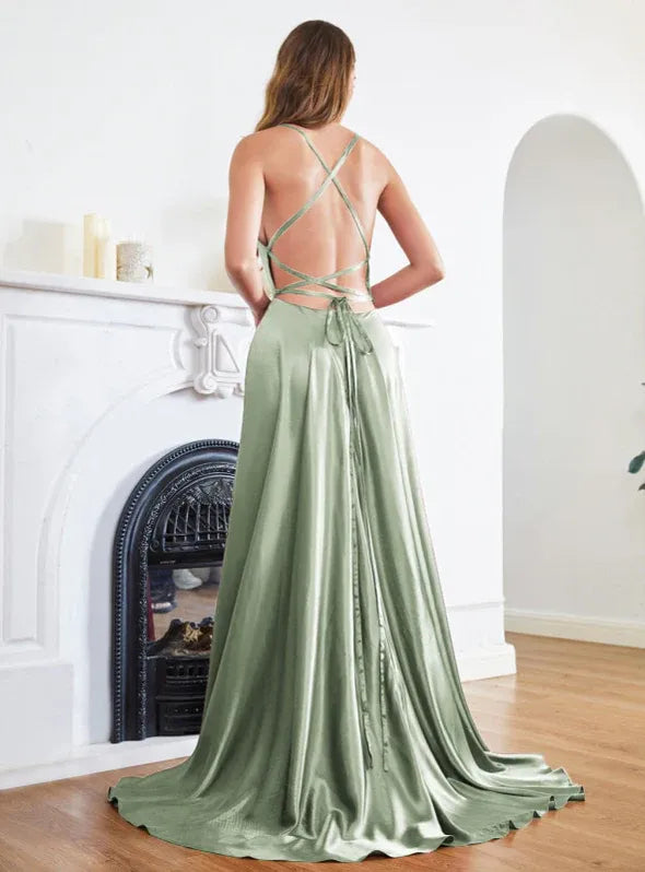 Elegant A-Line Square Neck Crisscross Back Satin Sage Green Floor-Length Prom Dress