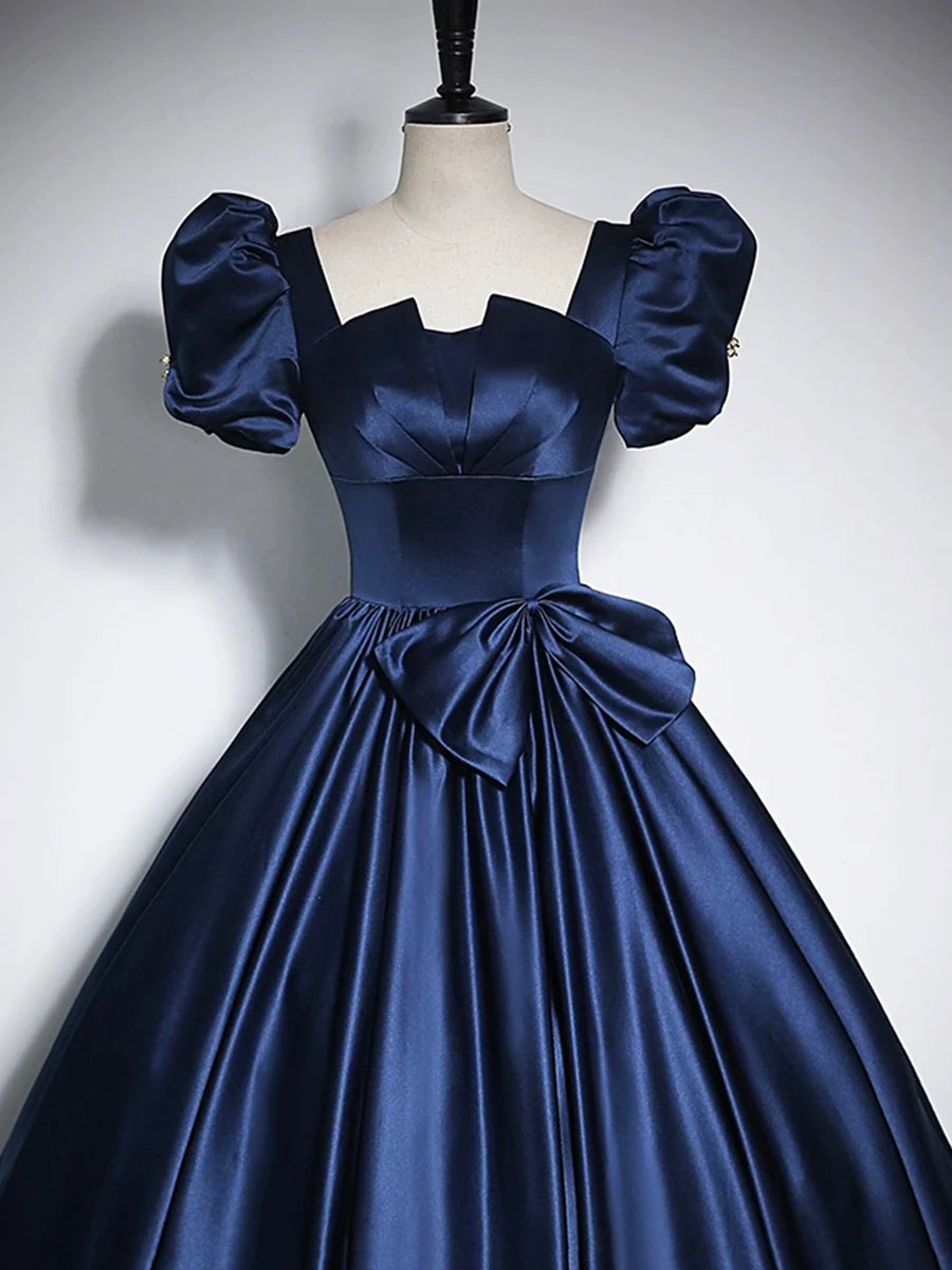 Elegant A-Line Square Neck Puff Short Sleeve Bow Satin Blue Floor-Length Prom Dresses