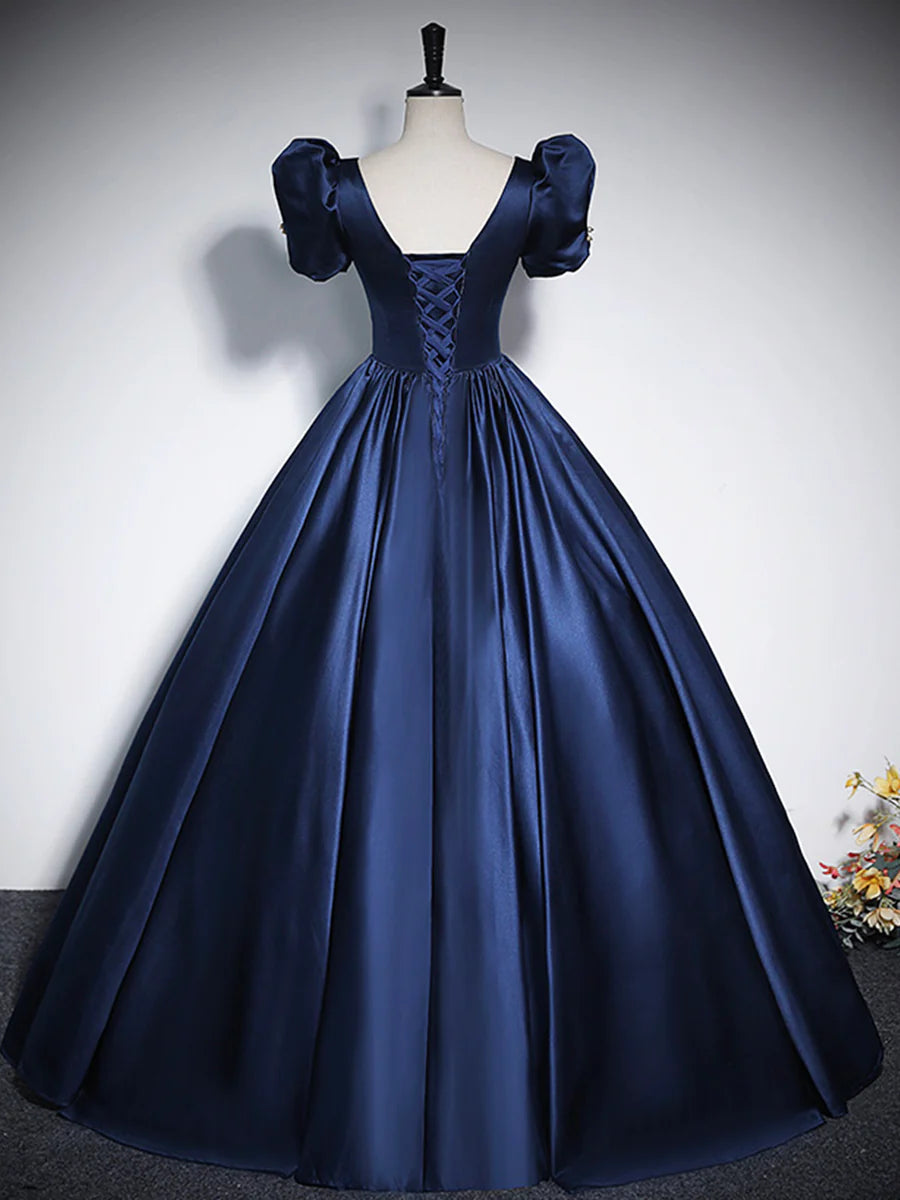 Elegant A-Line Square Neck Puff Short Sleeve Bow Satin Blue Floor-Length Prom Dresses