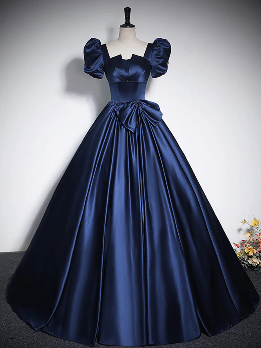 Elegant A-Line Square Neck Puff Short Sleeve Bow Satin Blue Floor-Length Prom Dresses