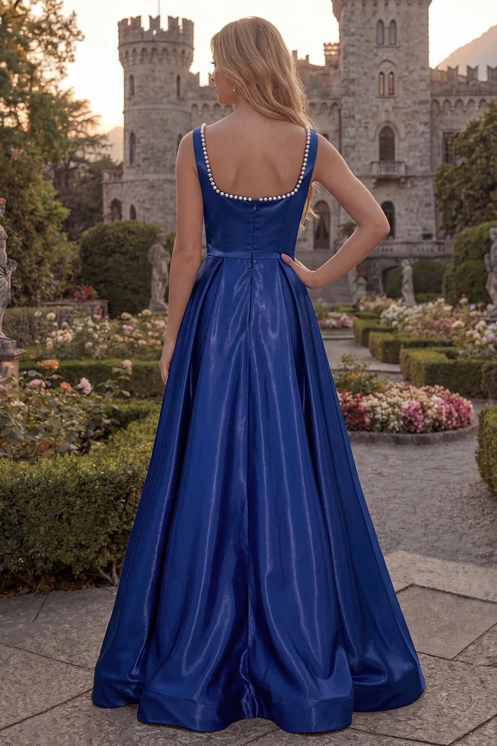 Elegant A-Line Square Neck Pearl Satin Royal Blue Maxi Prom Dress With Slit