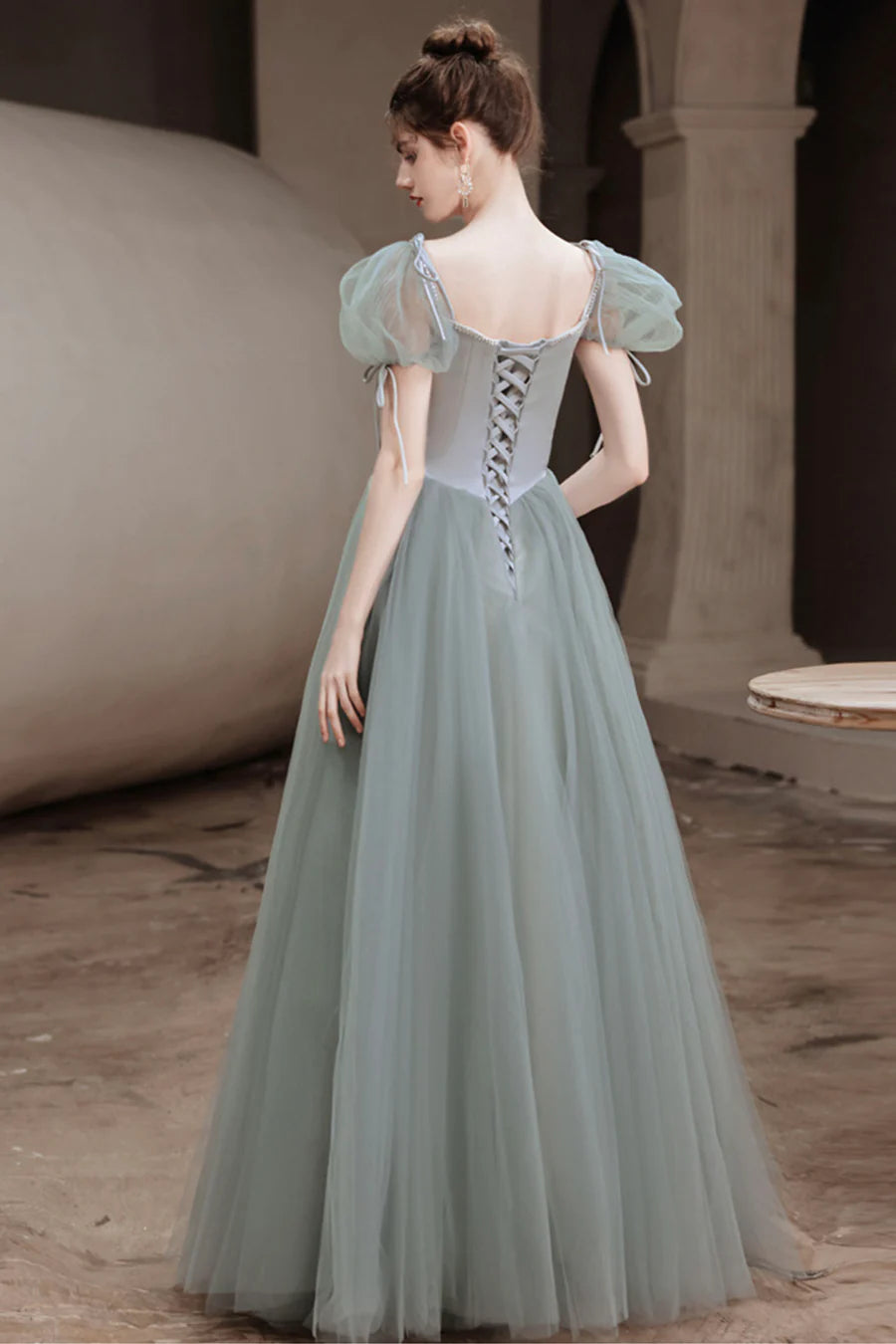 Elegant A-Line Square Neck Short Sleeves Beaded Tulle Green Prom Dresses