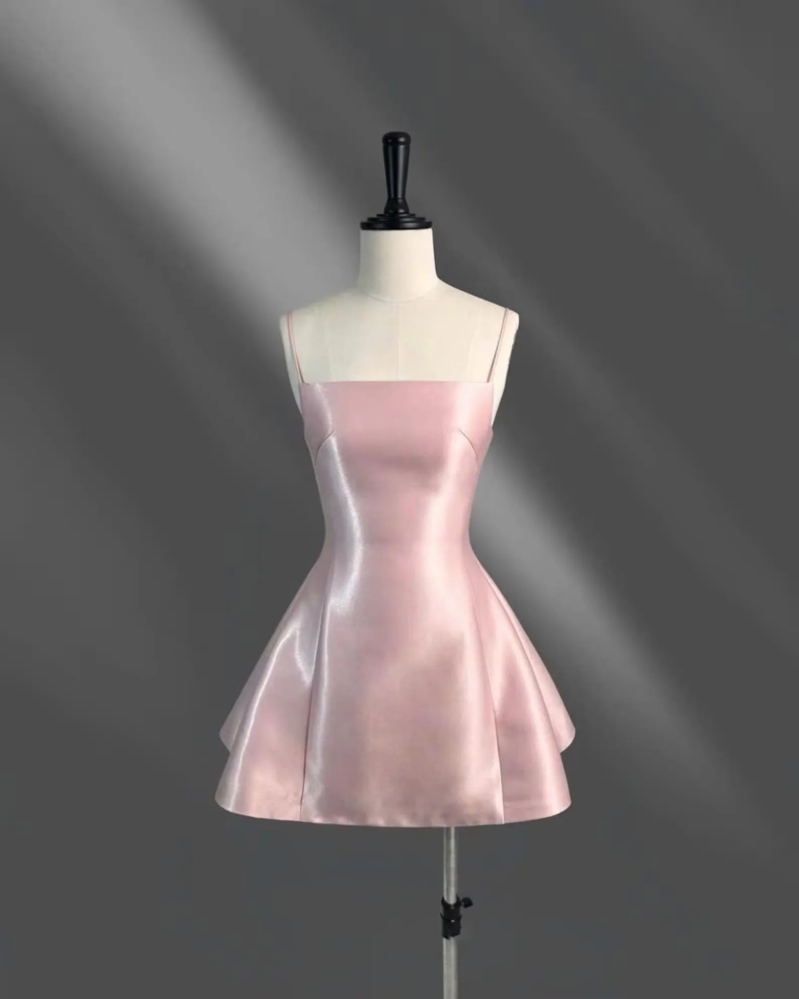 Elegant A-Line Square Neck Spaghetti Strap Satin Pink Short Homecoming Dress