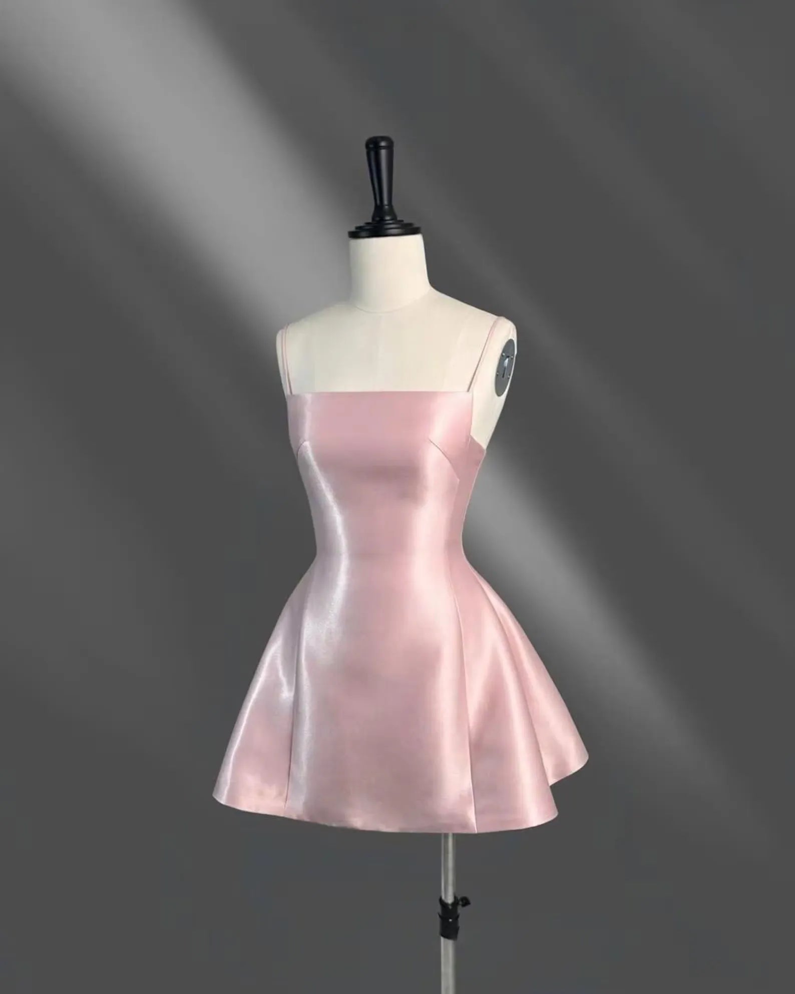 Elegant A-Line Square Neck Spaghetti Strap Satin Pink Short Homecoming Dress