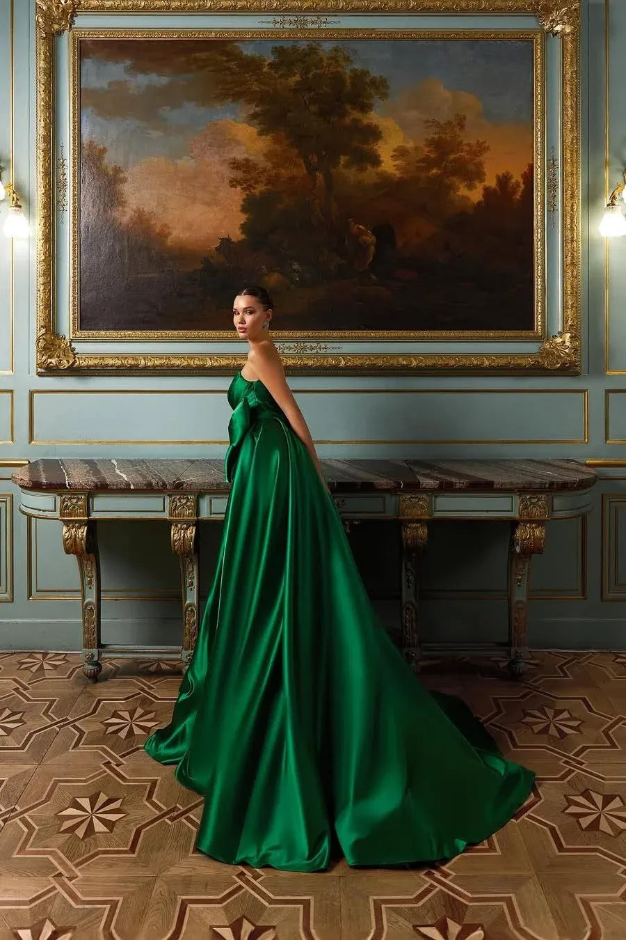 Elegant A-Line Strapless Beaded Pleated Satin Emerald Green Floor-Length Prom Dress