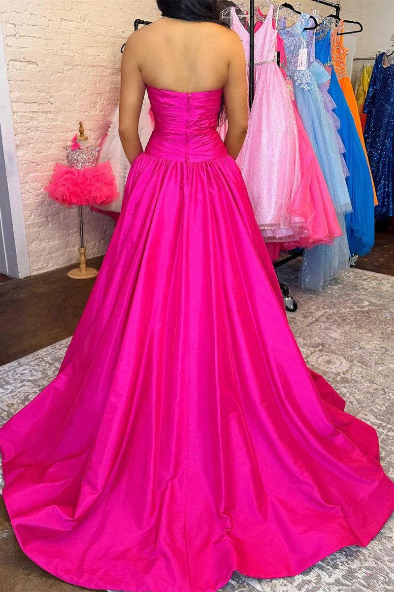 Elegant A-Line Strapless Beaded Satin Fuchsia Prom Dress With Sweep-Train
