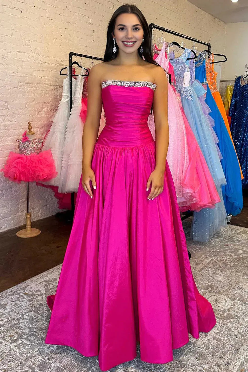 Elegant A-Line Strapless Beaded Satin Fuchsia Prom Dress With Sweep-Train