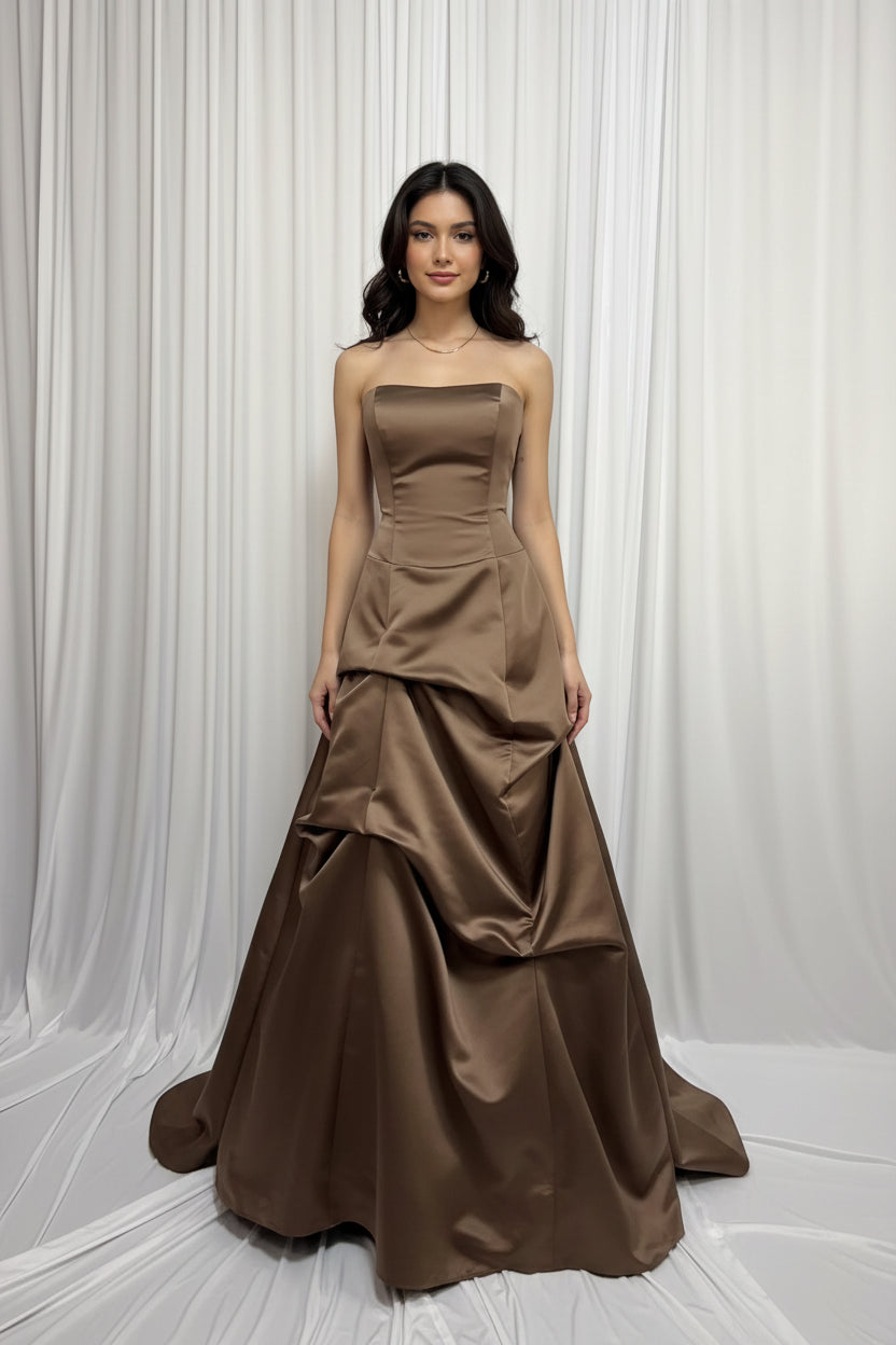 Elegant A-Line Strapless Satin Brown Floor-Length Prom Dress With Lace-up Back