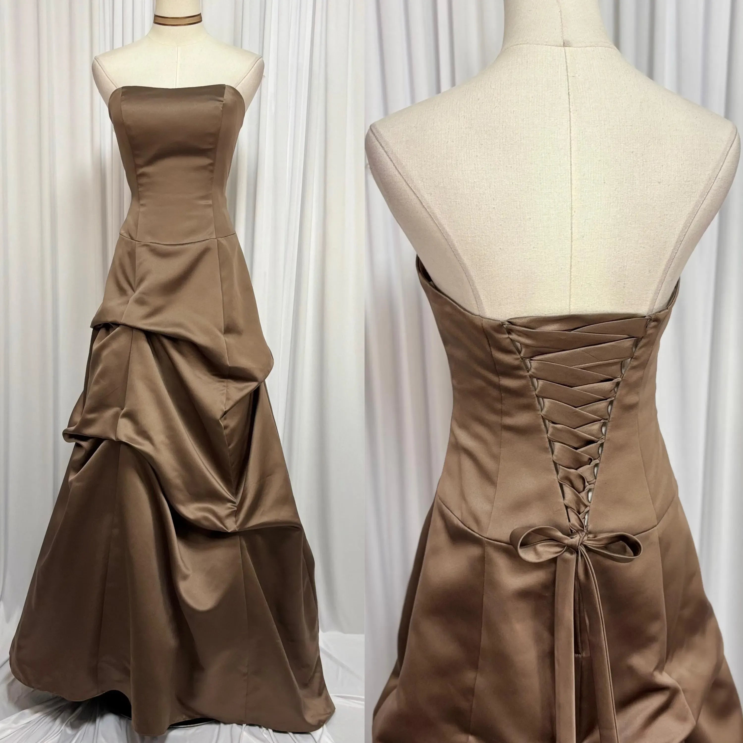 Elegant A-Line Strapless Satin Brown Floor-Length Prom Dress With Lace-up Back