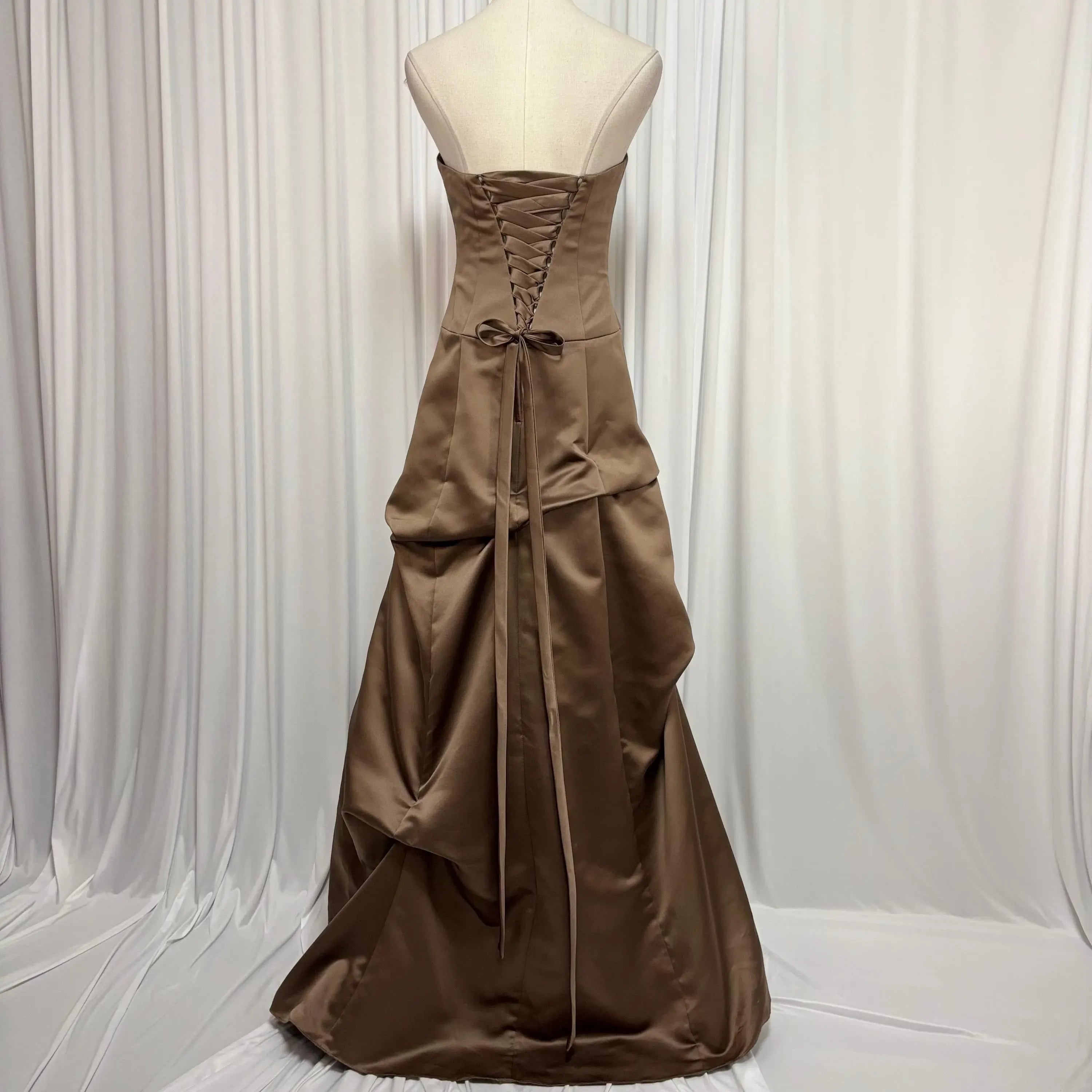 Elegant A-Line Strapless Satin Brown Floor-Length Prom Dress With Lace-up Back