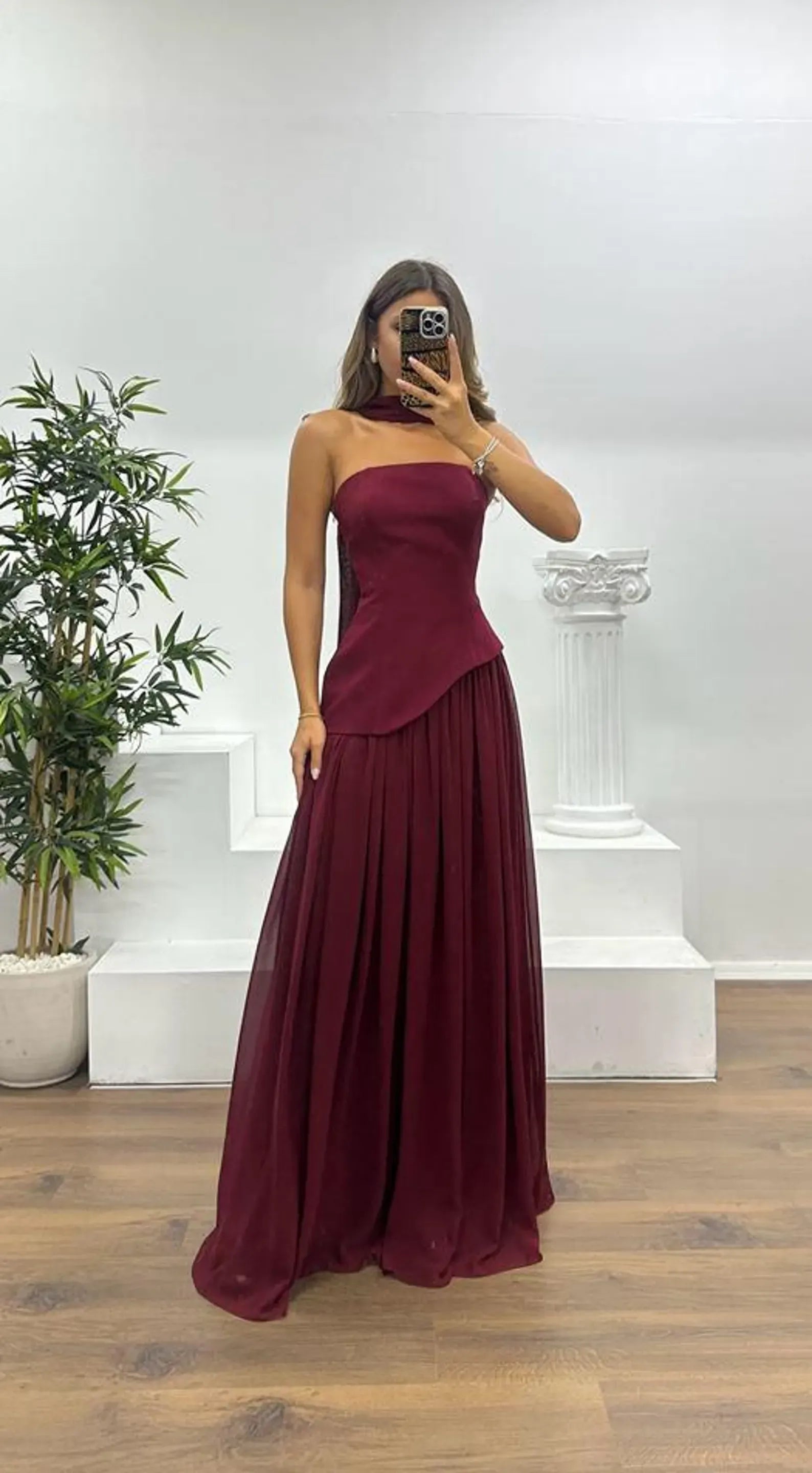 Elegant A-Line Strapless Chiffon Burgundy Floor-Length Prom Dress With Streamer