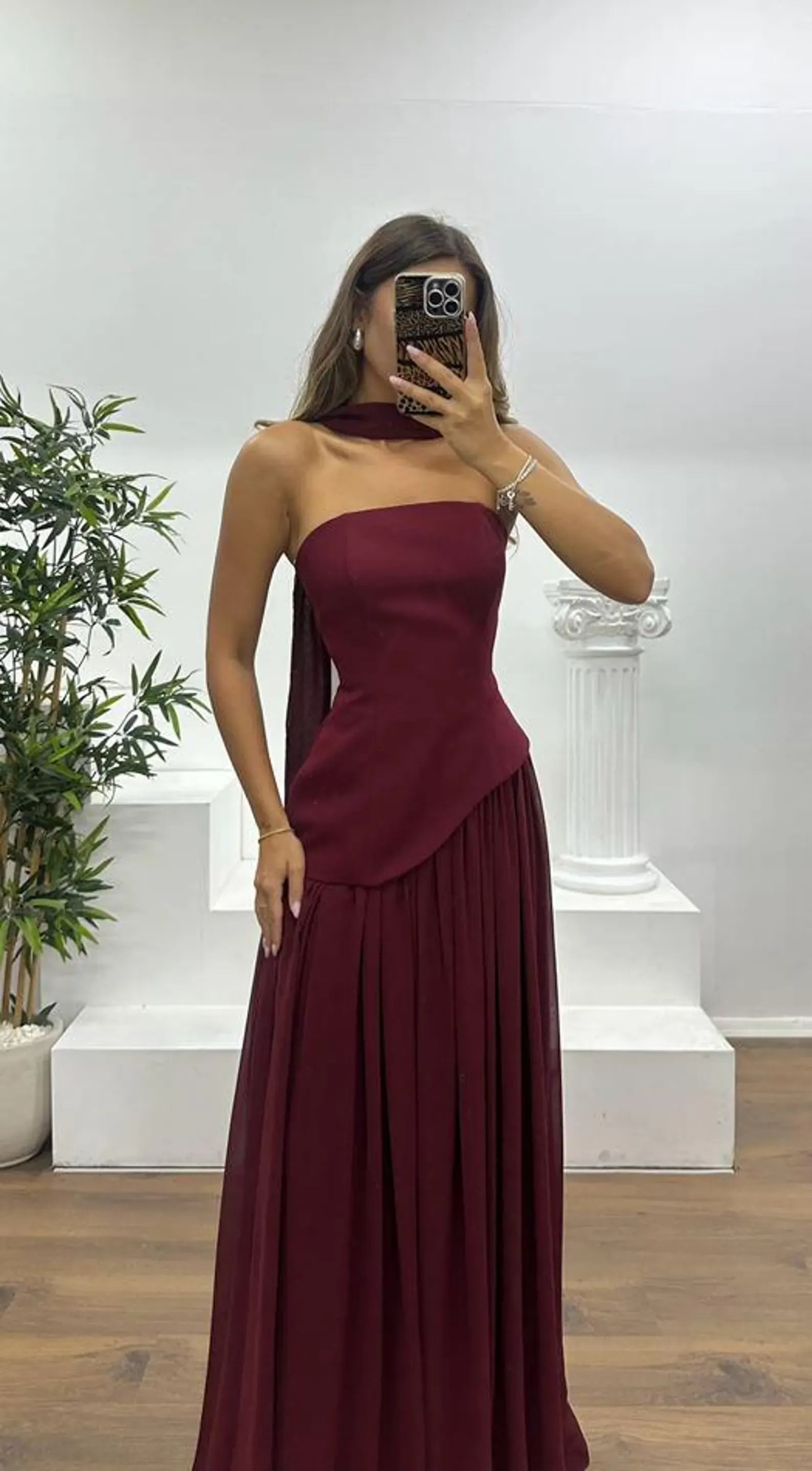 Elegant A-Line Strapless Chiffon Burgundy Floor-Length Prom Dress With Streamer
