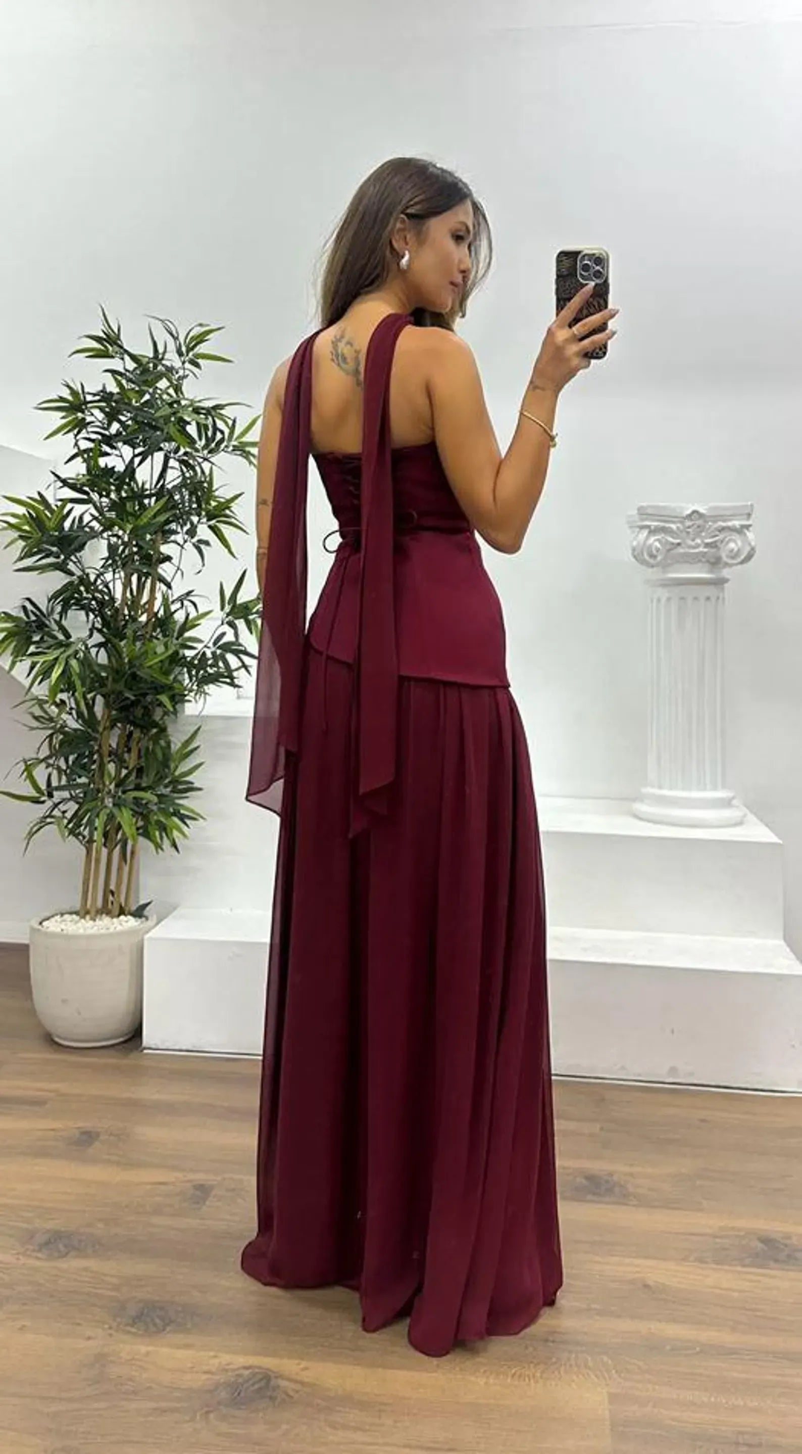 Elegant A-Line Strapless Chiffon Burgundy Floor-Length Prom Dress With Streamer