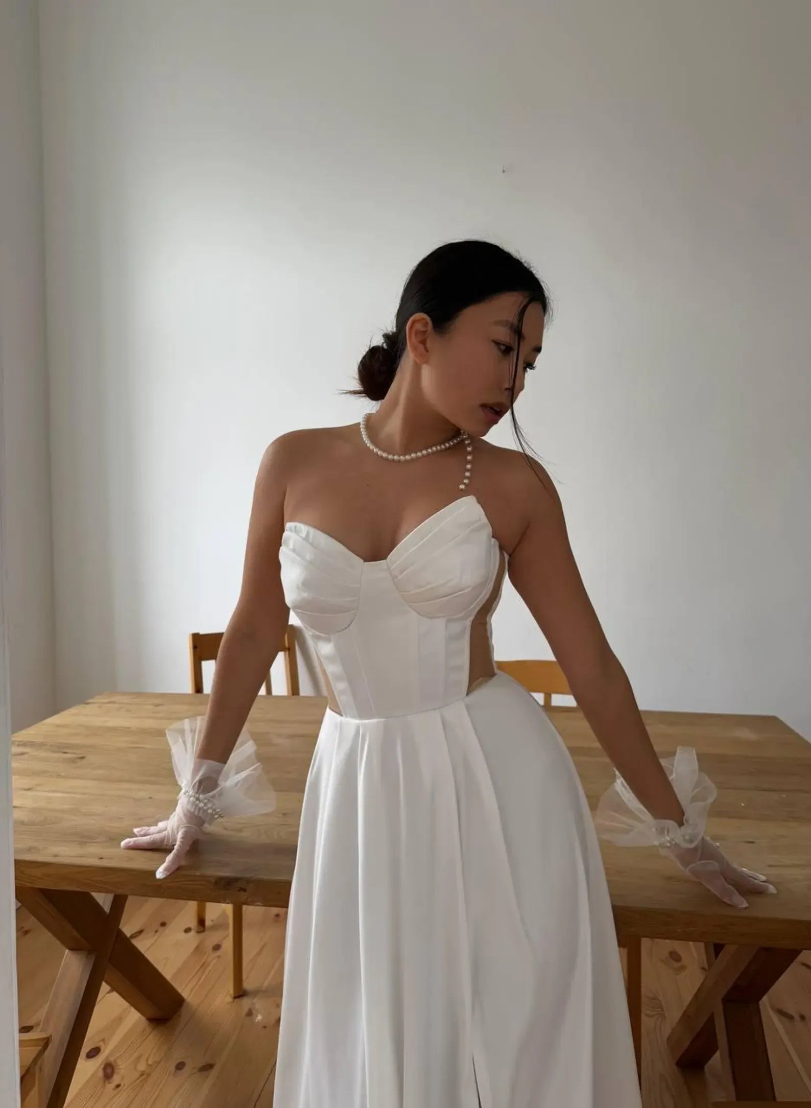 Elegant A-Line Strapless Corset Waist Mesh Panel White Long Prom Dress