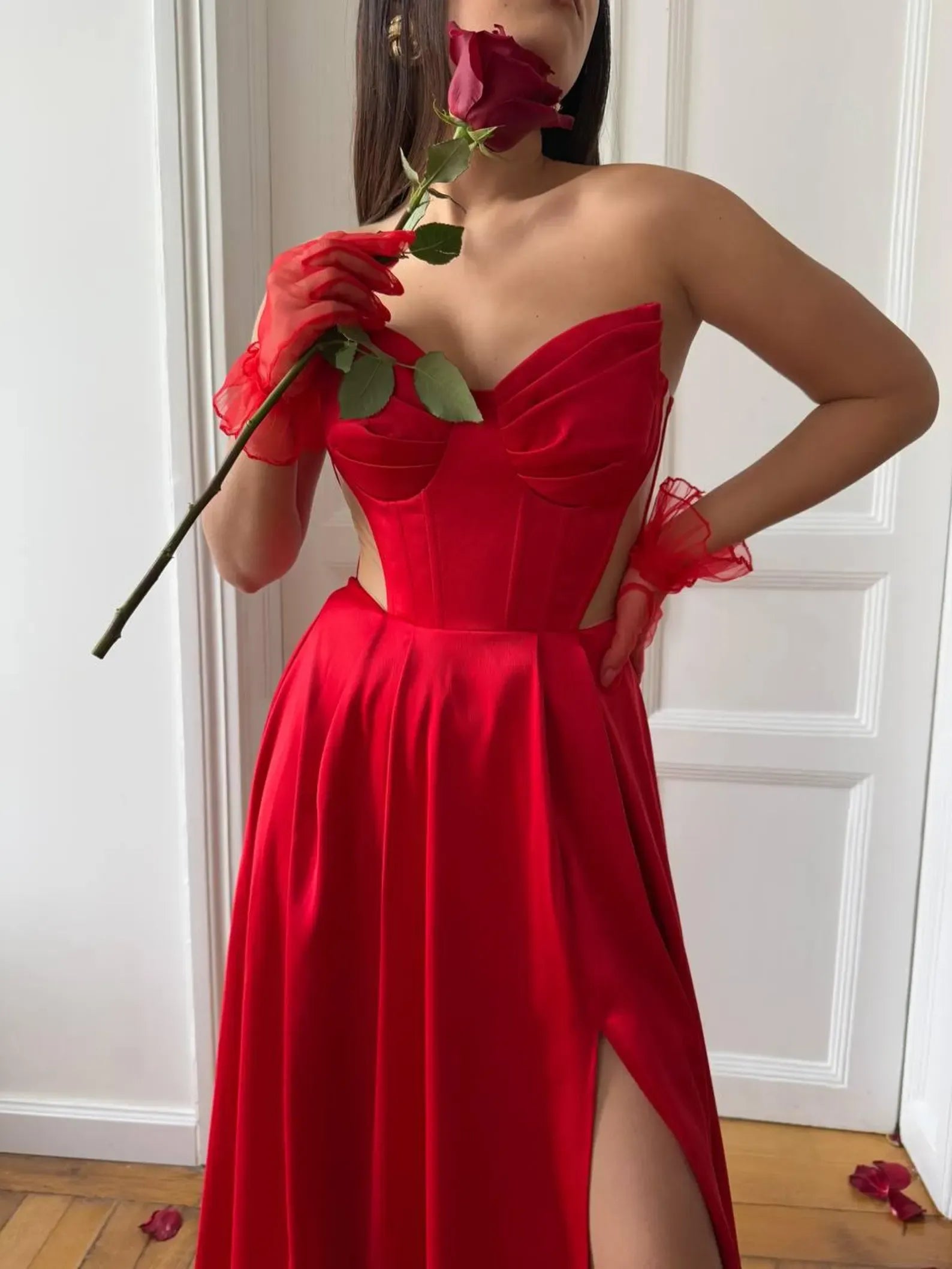Elegant A-Line Strapless Corset Waist Mesh Panel White Long Prom Dress