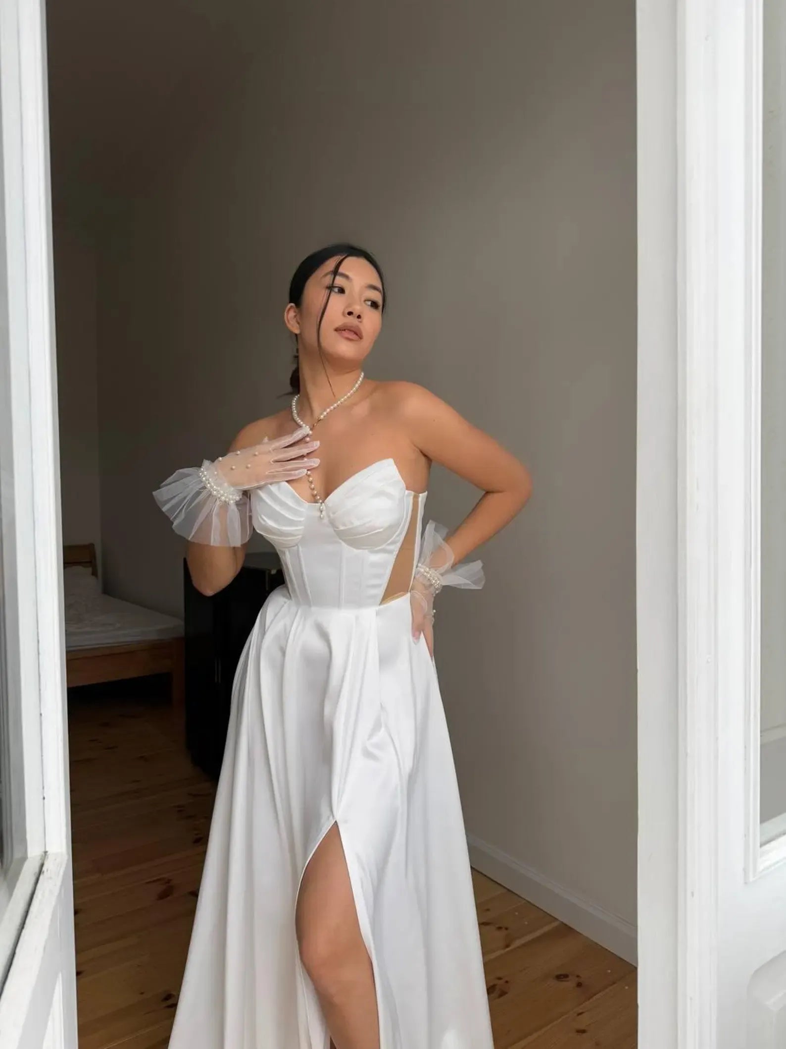 Elegant A-Line Strapless Corset Waist Mesh Panel White Long Prom Dress
