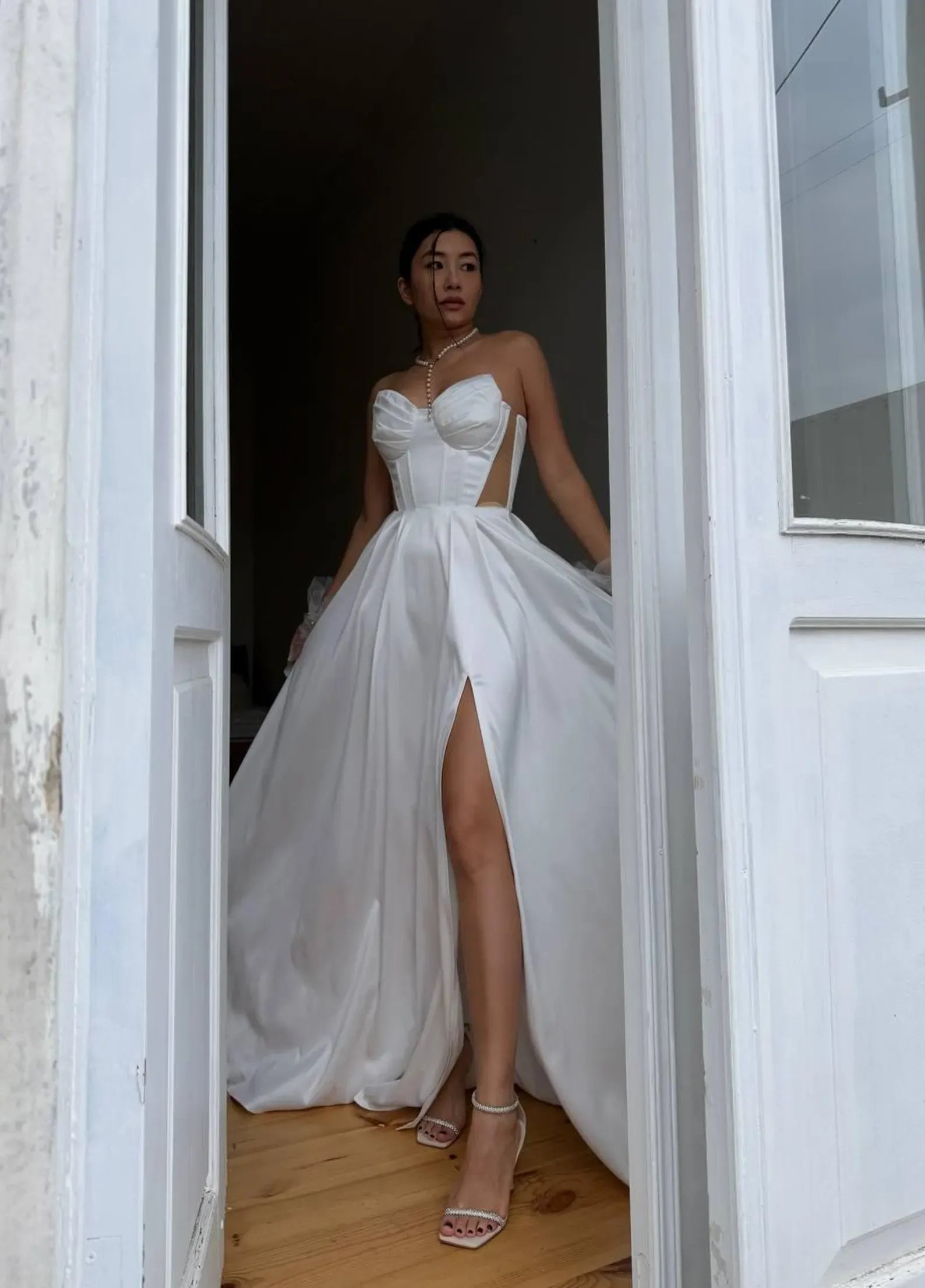 Elegant A-Line Strapless Corset Waist Mesh Panel White Long Prom Dress