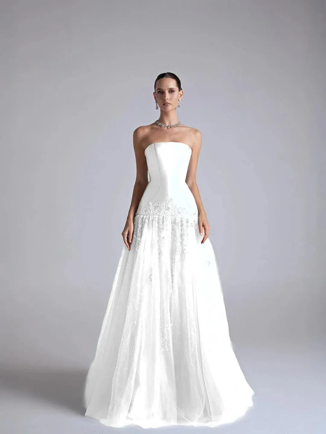 Elegant A-Line Strapless Flower Appliques Beaded Light Blue Long Prom Dress