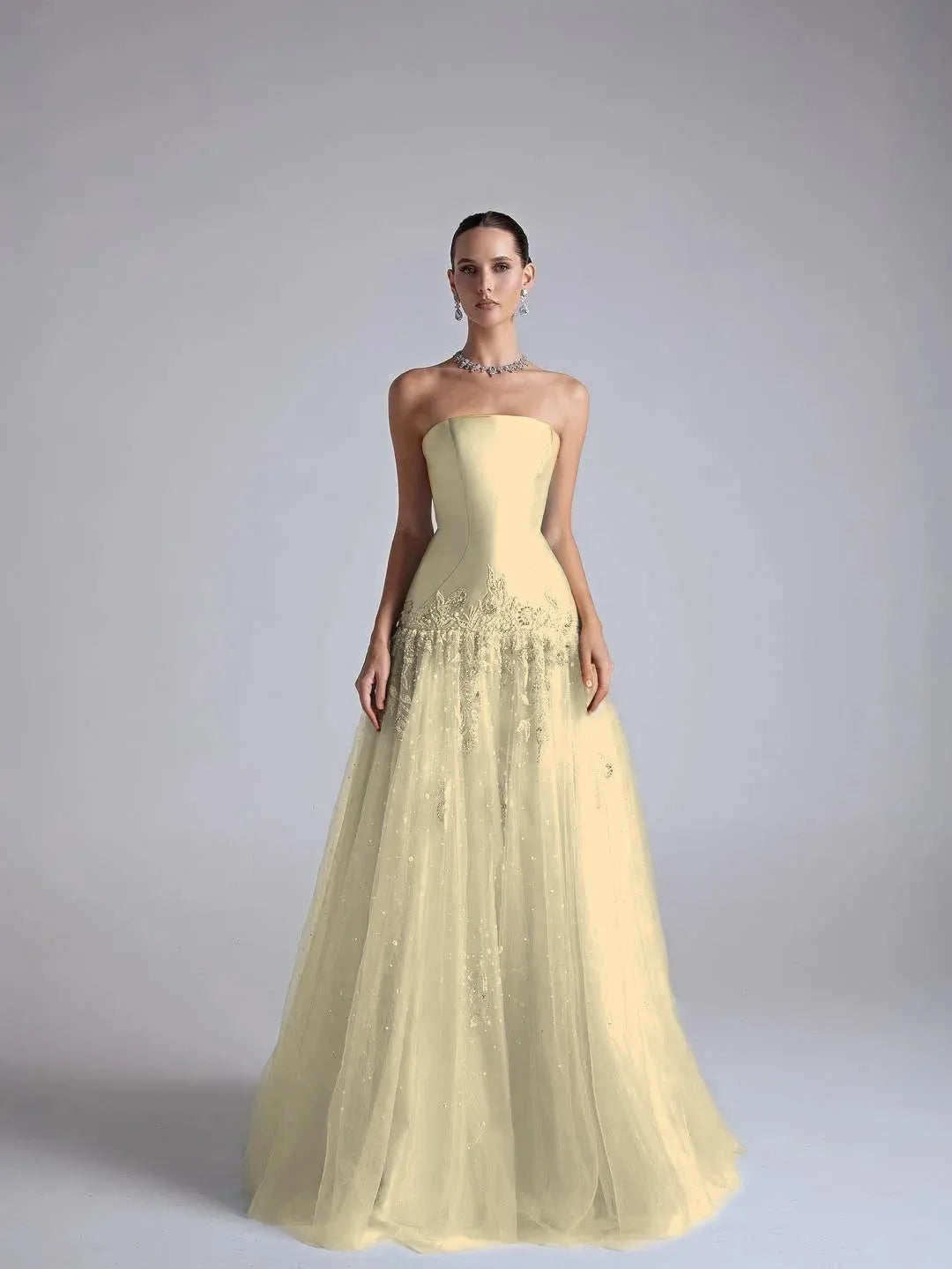 Elegant A-Line Strapless Flower Appliques Beaded Light Blue Long Prom Dress