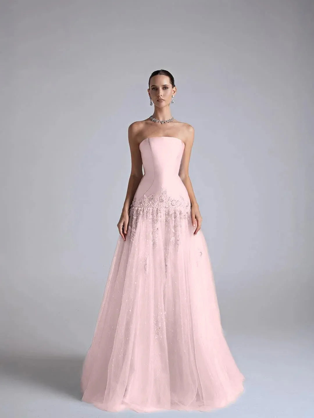 Elegant A-Line Strapless Flower Appliques Beaded Light Blue Long Prom Dress