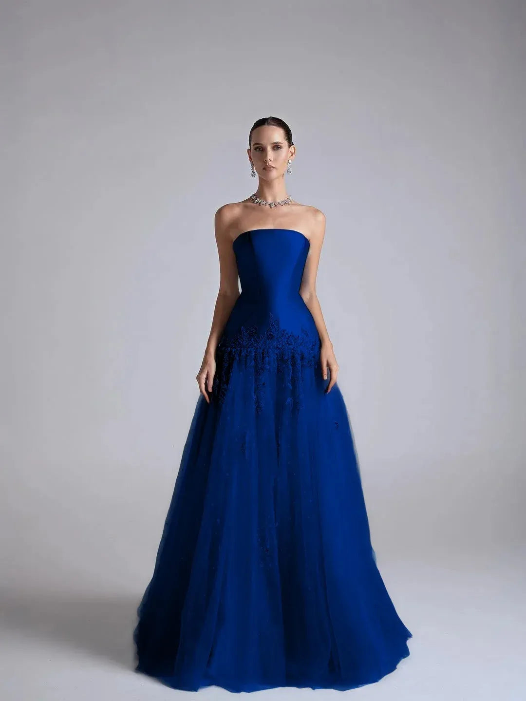 Elegant A-Line Strapless Flower Appliques Beaded Light Blue Long Prom Dress