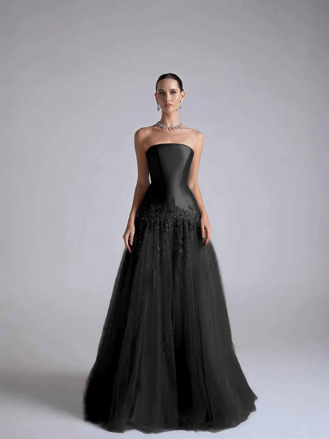 Elegant A-Line Strapless Flower Appliques Beaded Light Blue Long Prom Dress
