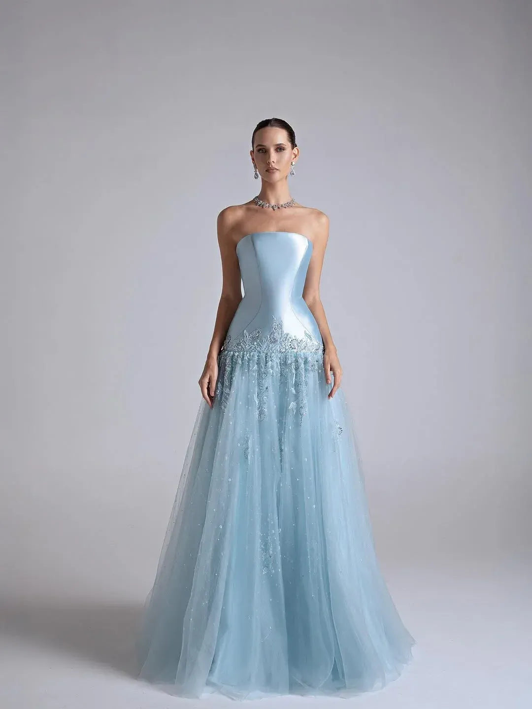 Elegant A-Line Strapless Flower Appliques Beaded Light Blue Long Prom Dress