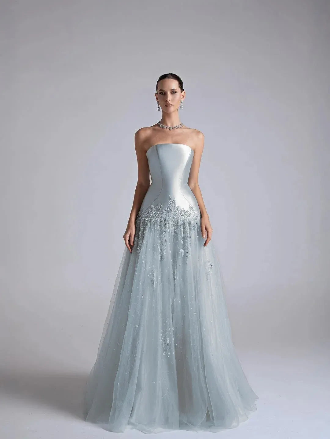 Elegant A-Line Strapless Flower Appliques Beaded Light Blue Long Prom Dress
