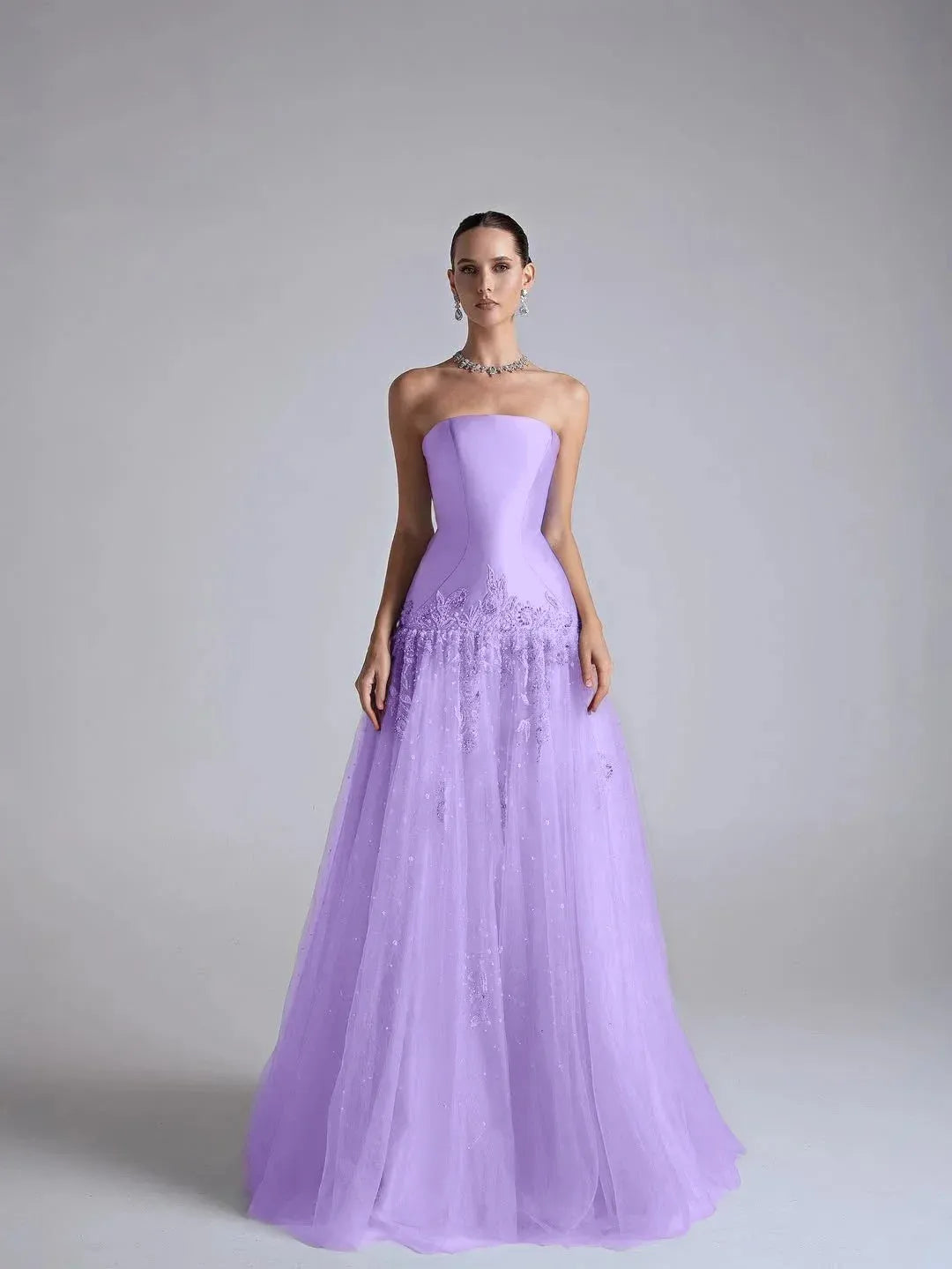 Elegant A-Line Strapless Flower Appliques Beaded Light Blue Long Prom Dress