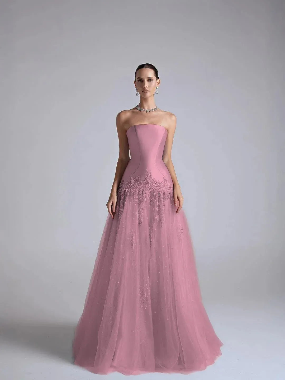 Elegant A-Line Strapless Flower Appliques Beaded Light Blue Long Prom Dress