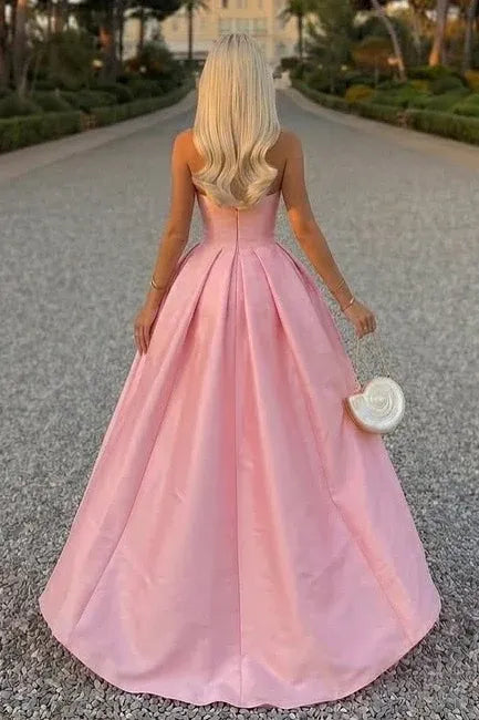 Elegant A-Line Strapless High Waist Satin Pink Floor-Length Prom Dress For Sale