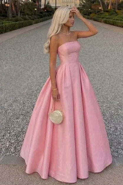 Elegant A-Line Strapless High Waist Satin Pink Floor-Length Prom Dress For Sale