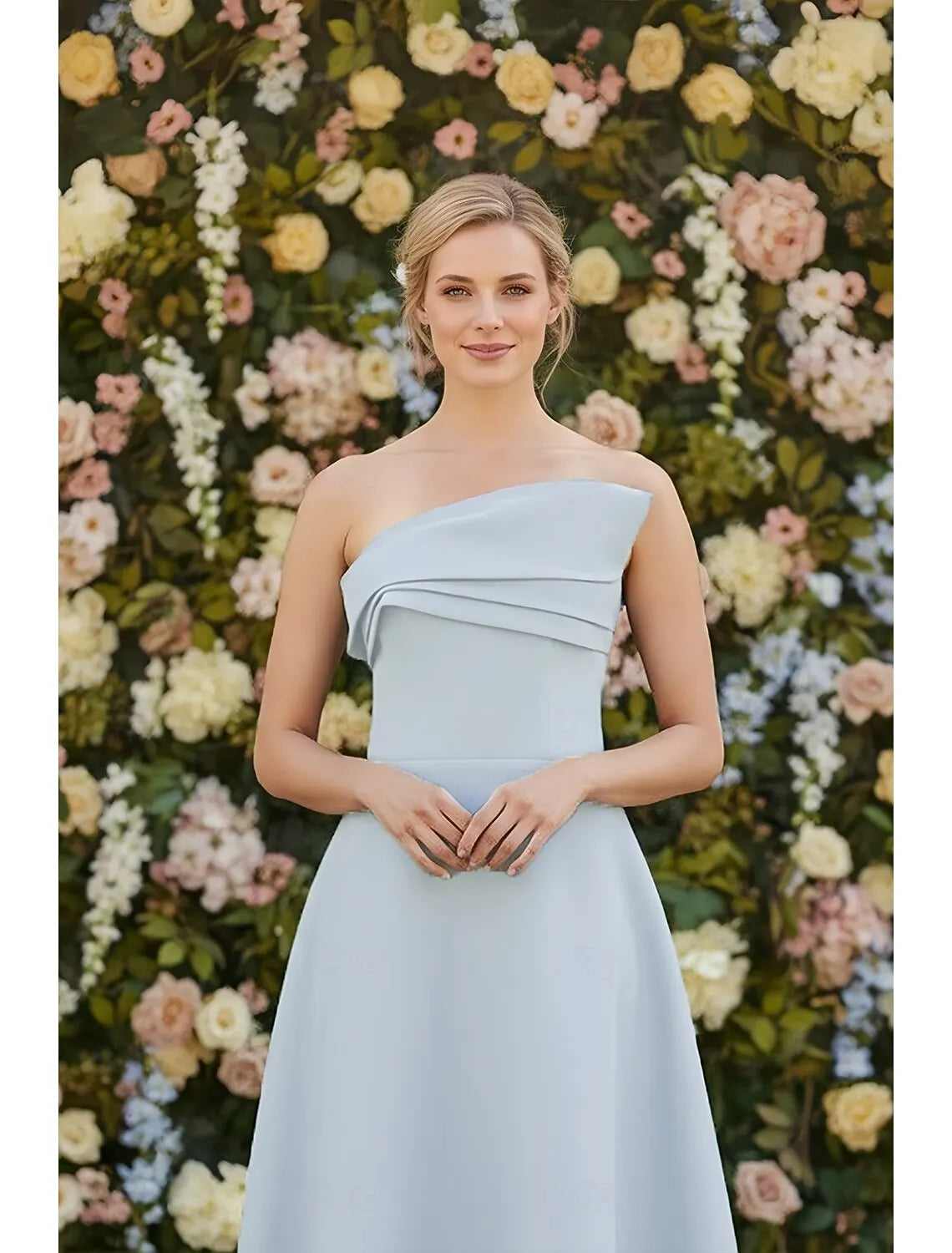 Elegant A-Line Strapless Pleated Satin Sky Blue Maxi Prom Dress Solid Color