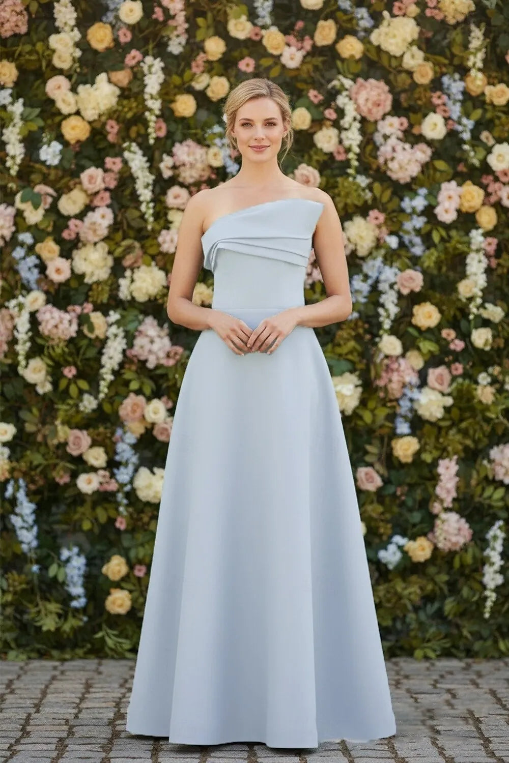 Elegant A-Line Strapless Pleated Satin Sky Blue Maxi Prom Dress Solid Color