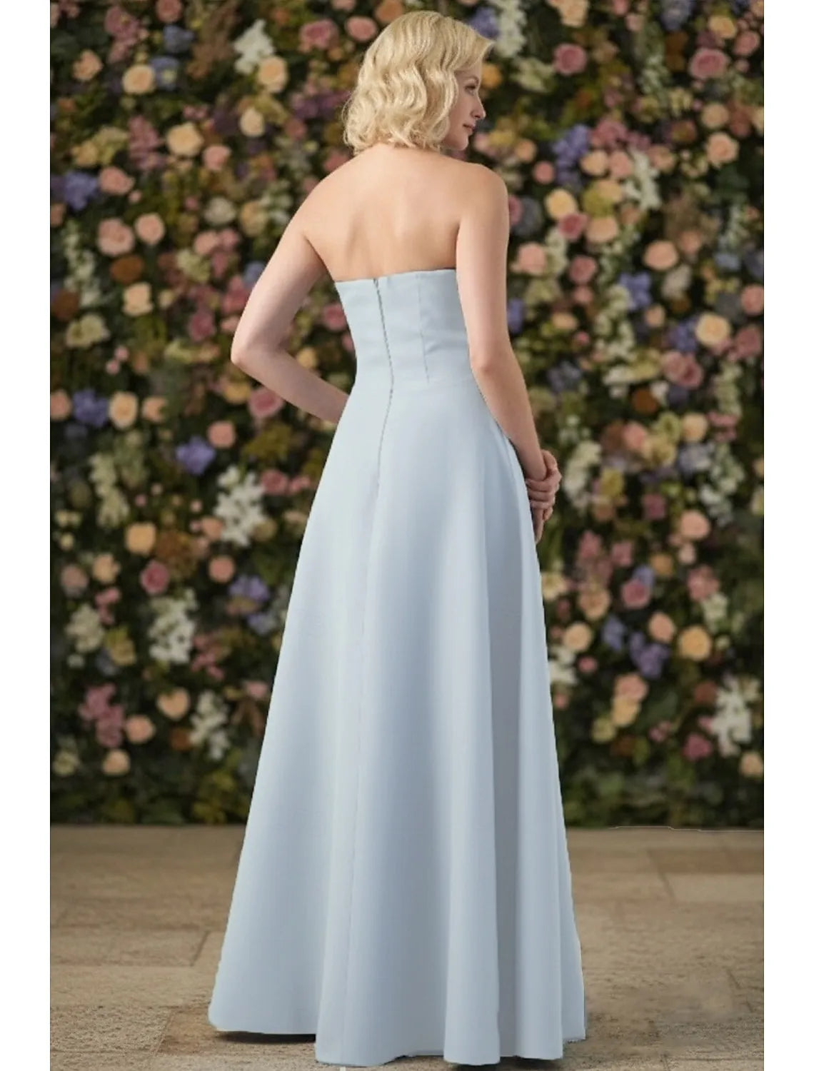 Elegant A-Line Strapless Pleated Satin Sky Blue Maxi Prom Dress Solid Color