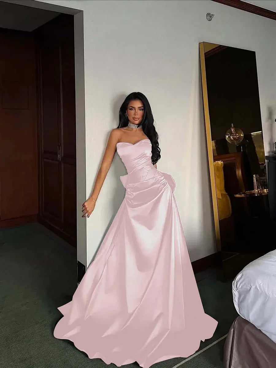 Elegant A-Line Strapless Pleated Bow Detail Satin Black Floor Length Prom Dress