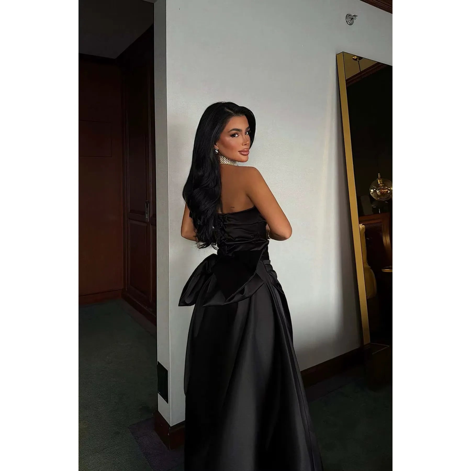Elegant A-Line Strapless Pleated Bow Detail Satin Black Floor Length Prom Dress